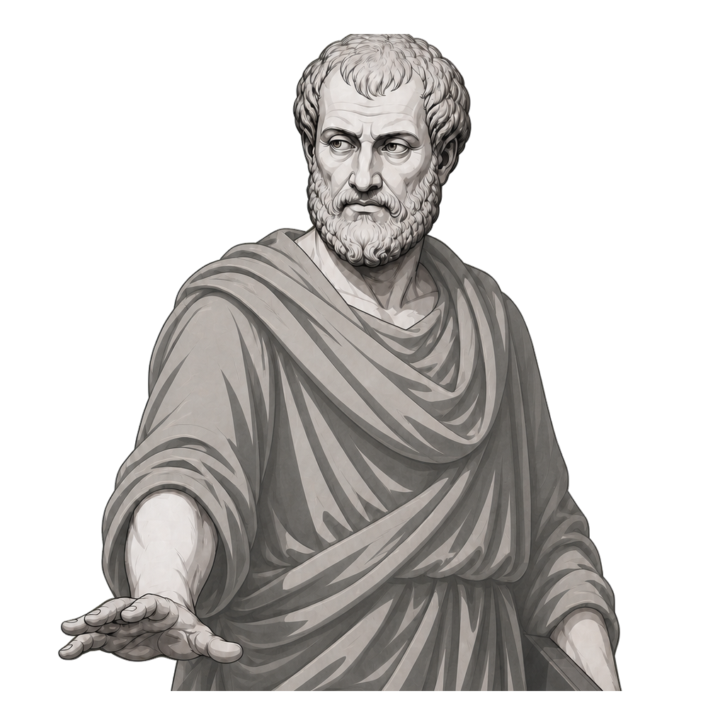 Aristotle examines a sprouting branch with calipers, marked by one restrained gold leaf vein.