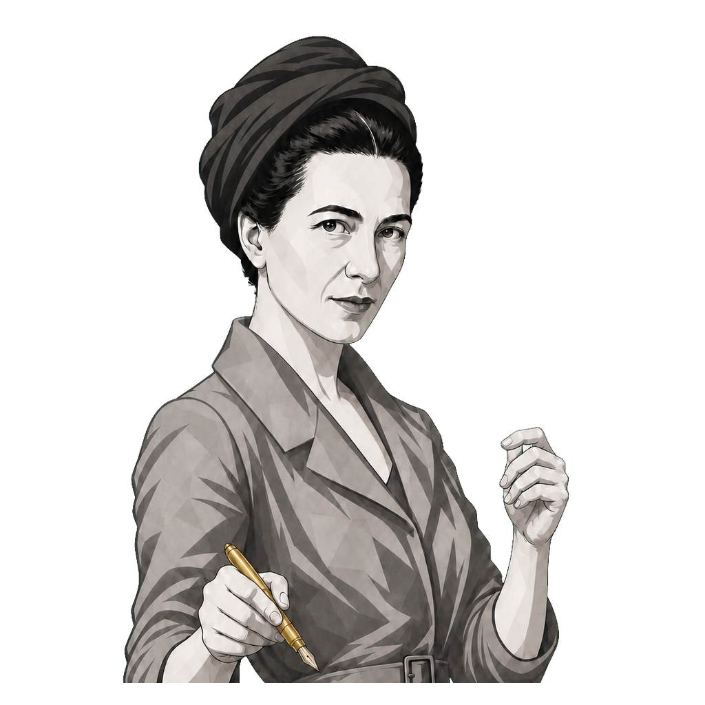 Simone de Beauvoir draws a single gold line outward with a fountain pen while raising her free hand in a measured gesture.