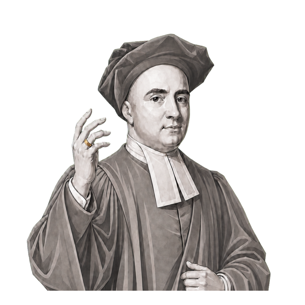 Berkeley in a shaded warm-grey editorial portrait, gesturing in episcopal dress with one muted-gold ring.