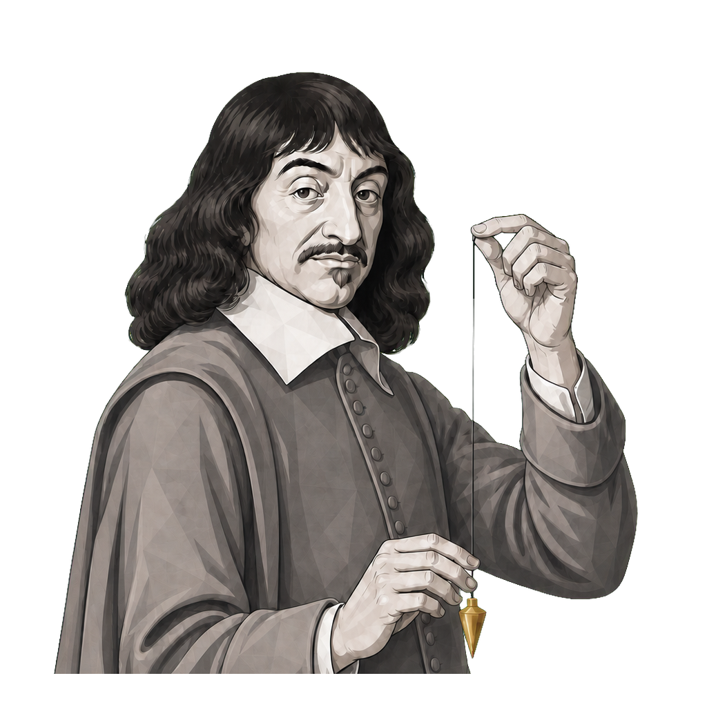 Descartes in a shaded warm-grey editorial portrait, holding a plumb line with a muted-gold plumb bob.