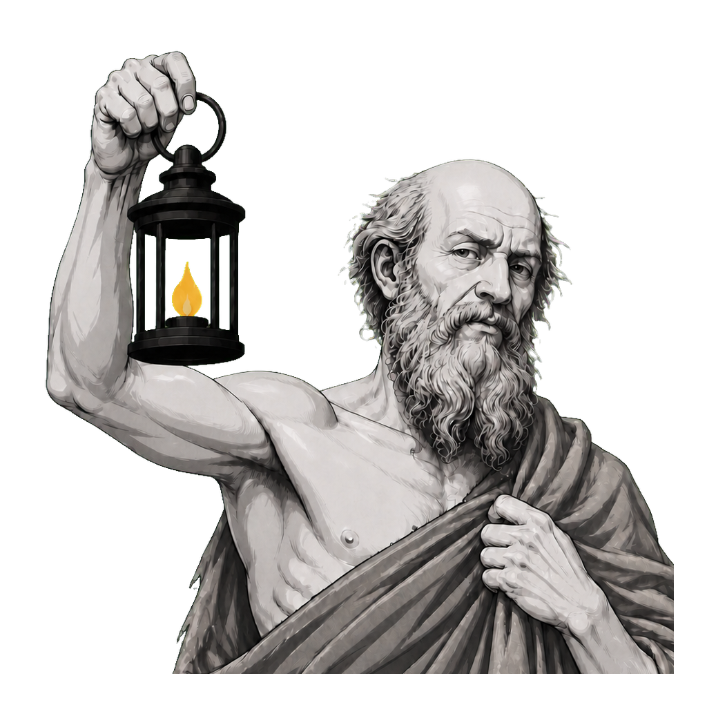 Diogenes raises a lantern whose single muted-gold flame searches beyond polite appearances.