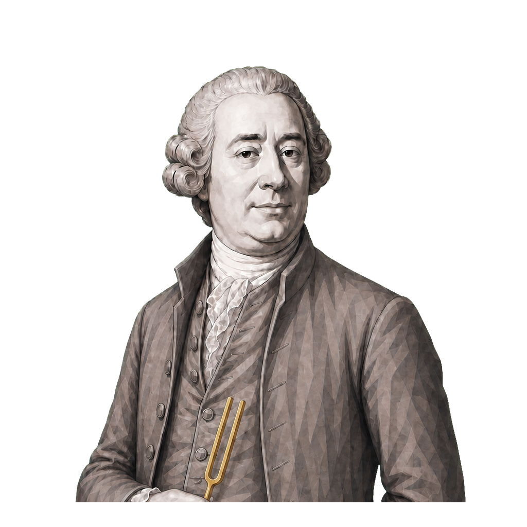 Hume in a shaded warm-grey editorial portrait, holding a two-pronged muted-gold tuning fork.