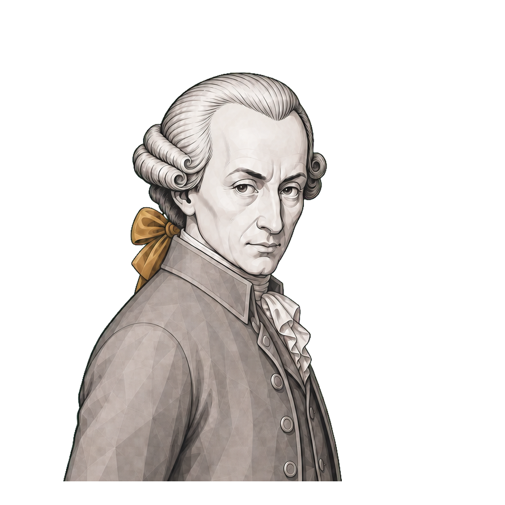 Kant in a shaded warm-grey editorial portrait, turning in a three-quarter pose with a muted-gold wig bow.