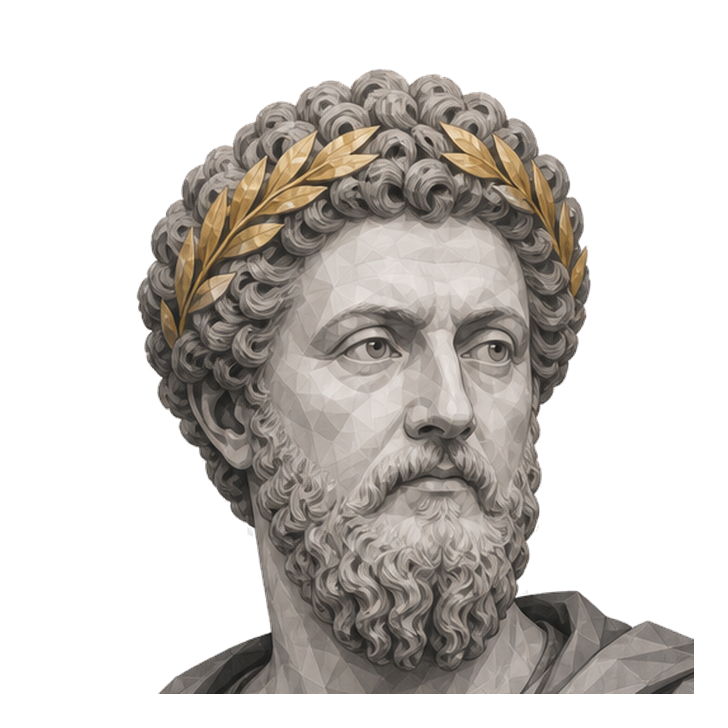 Marcus Aurelius in a three-quarter shaded warm-grey editorial portrait, wearing a restrained muted-gold laurel crown.