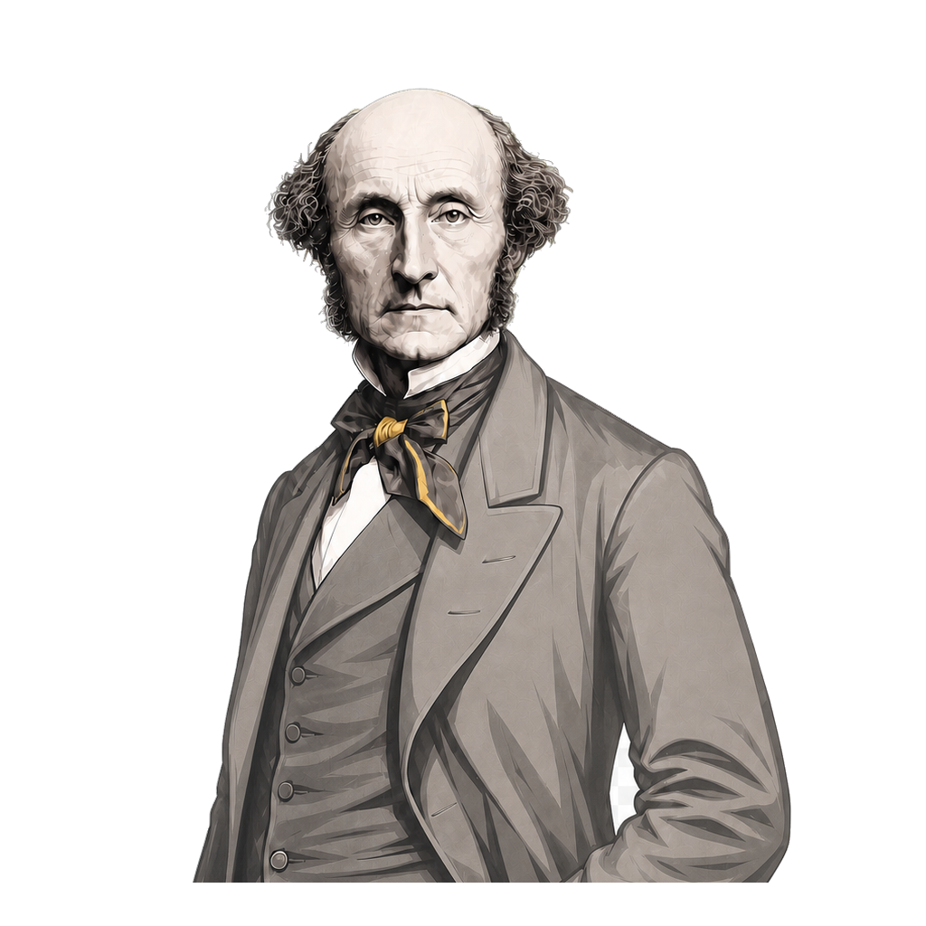 John Stuart Mill opens a book as one muted-gold line escapes its uniform margin.
