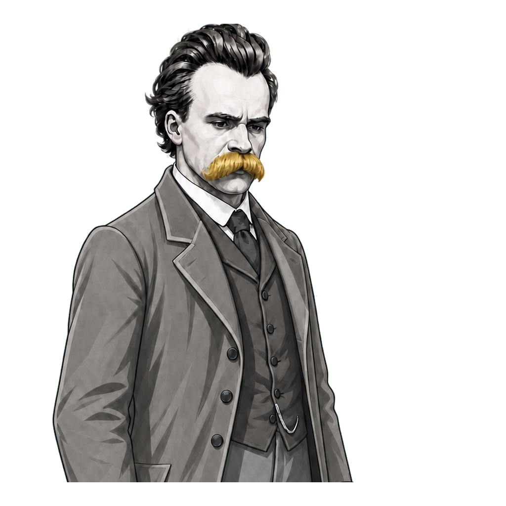 Friedrich Nietzsche tests a cracked tablet with a hammer and one muted-gold fracture line.