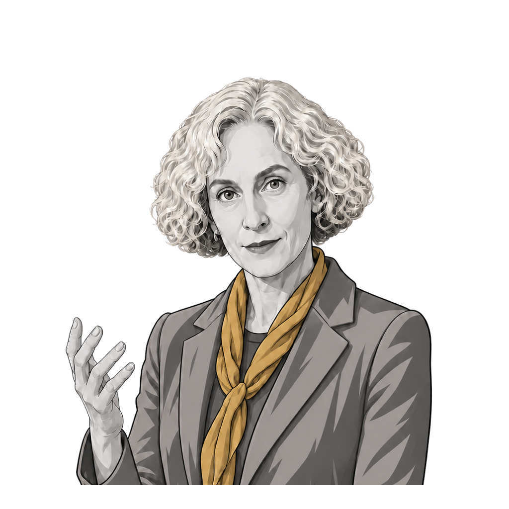 Martha Nussbaum opens her hands across one muted-gold threshold, without an enclosing frame.