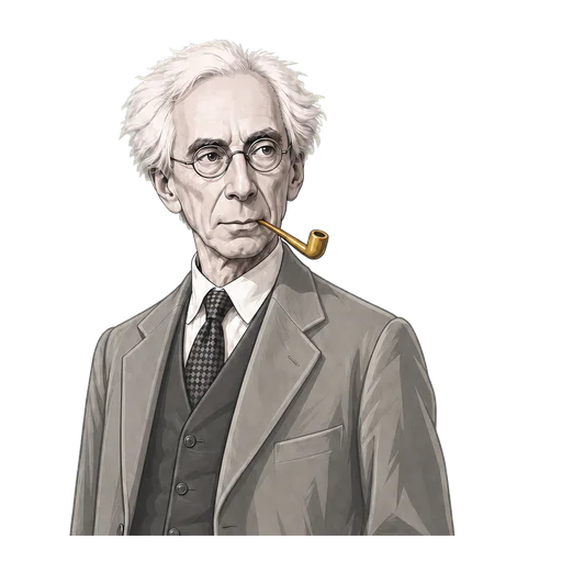 Russell in a shaded warm-grey editorial portrait, standing naturally with a bent muted-gold pipe.