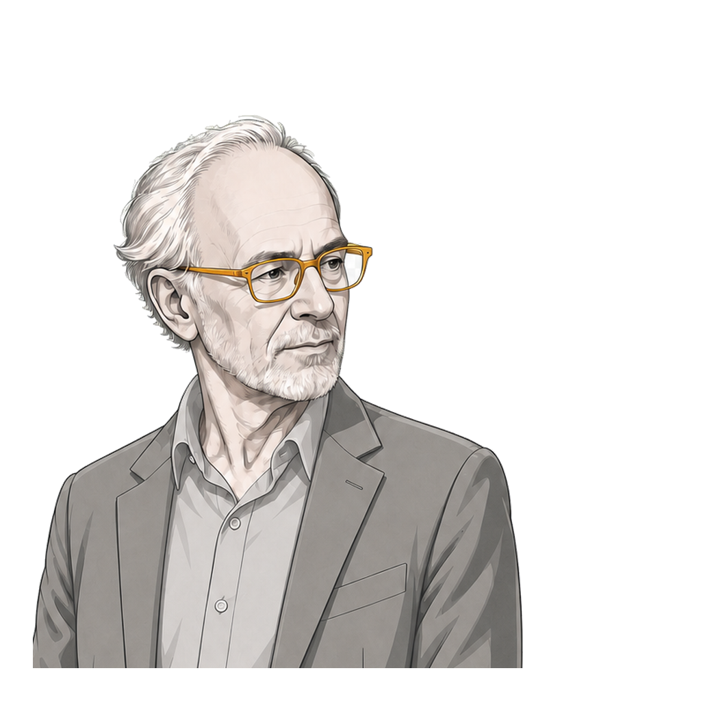 Peter Singer places equal tokens near and far along one continuous muted-gold line.