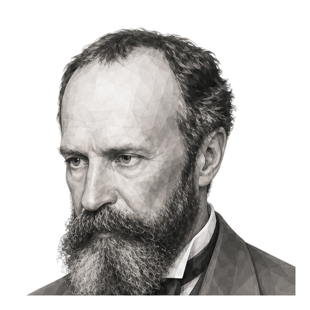 William James in a three-quarter shaded warm-grey editorial portrait, holding a muted-gold tarot card bearing a line portrait of Socrates.