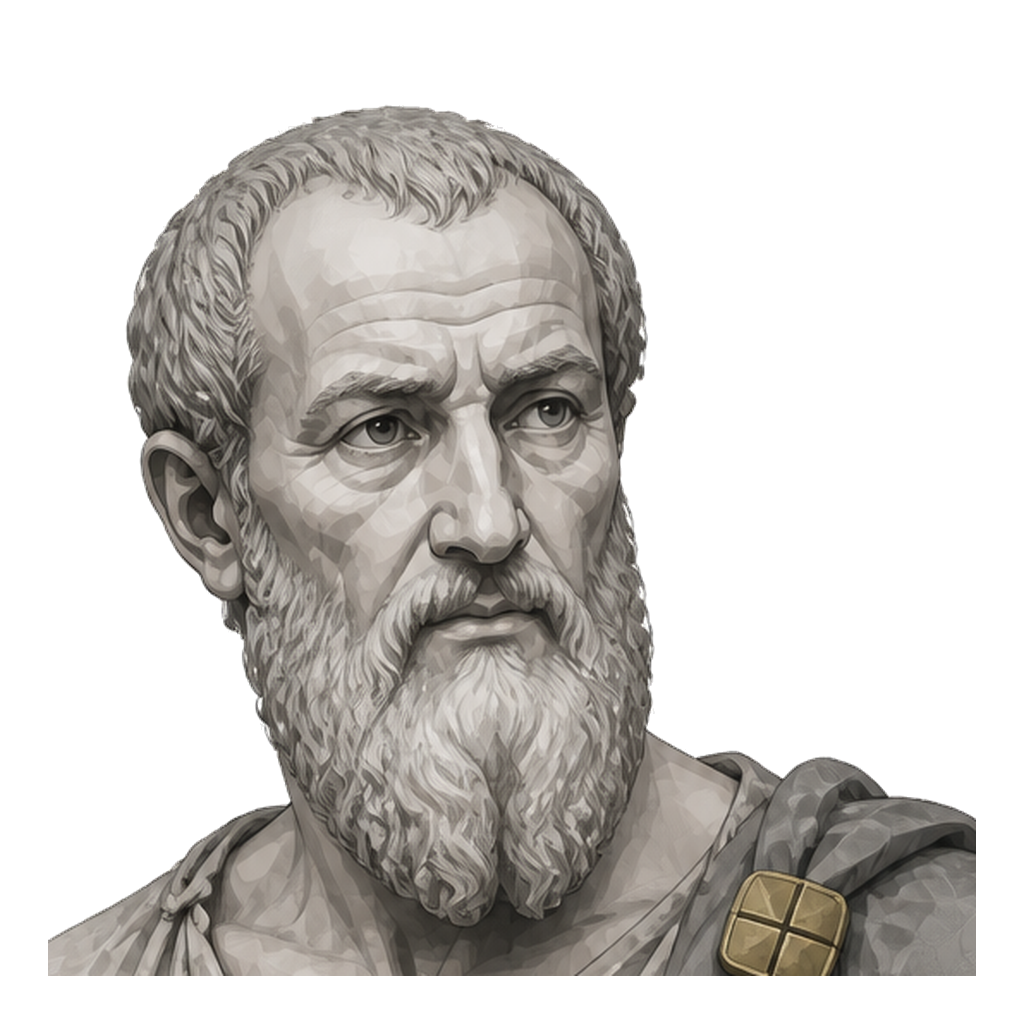 Zeno of Citium in a three-quarter shaded warm-grey editorial portrait, wearing a muted-gold four-part cloak clasp and raising one hand in argument.
