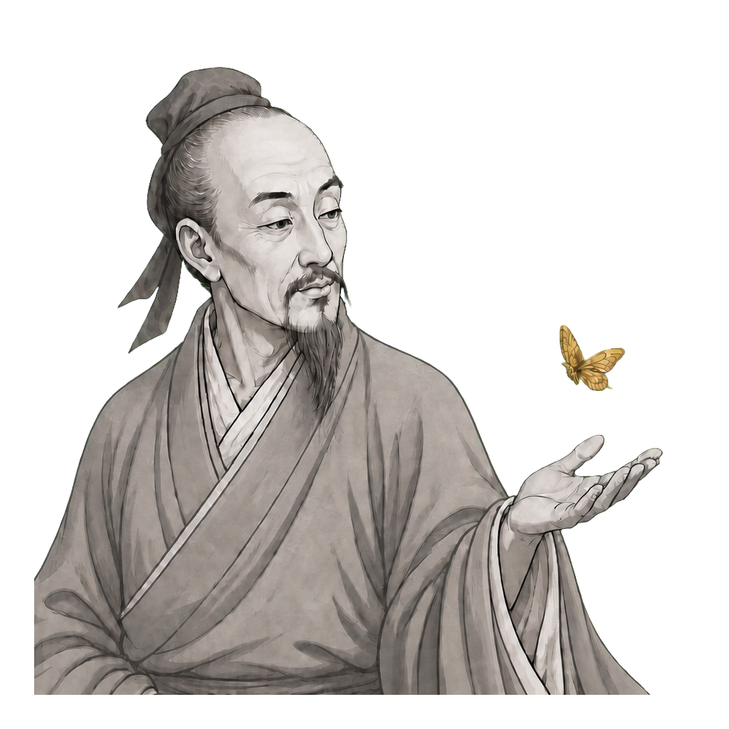 Zhuangzi watches a butterfly rest above his open hand, with one muted-gold wing detail.